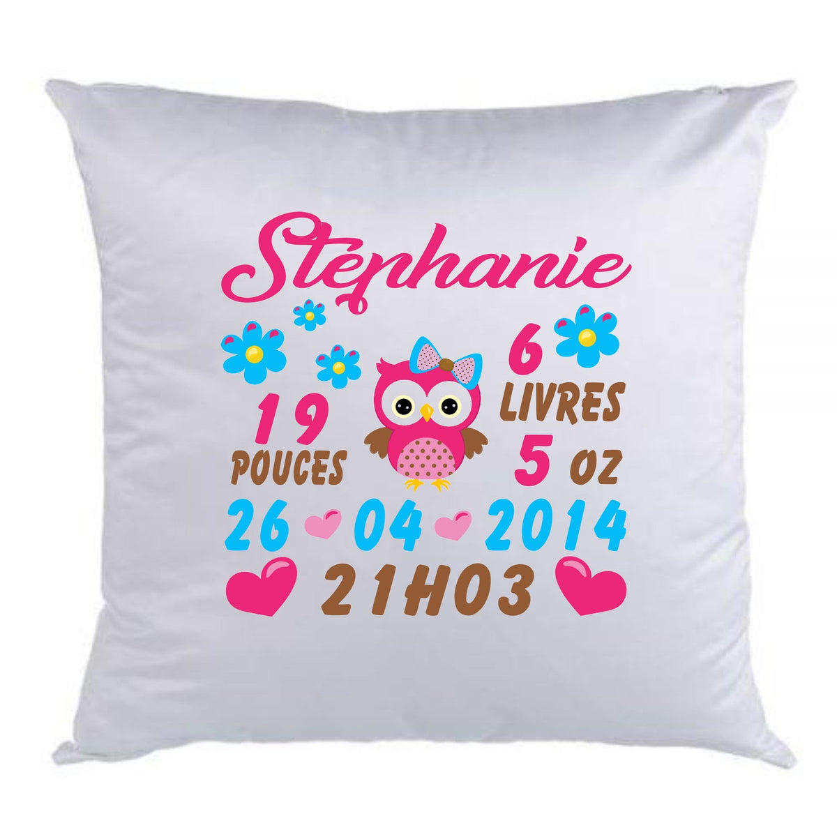 Coussin de naissance hibou rose - manoushkacreation