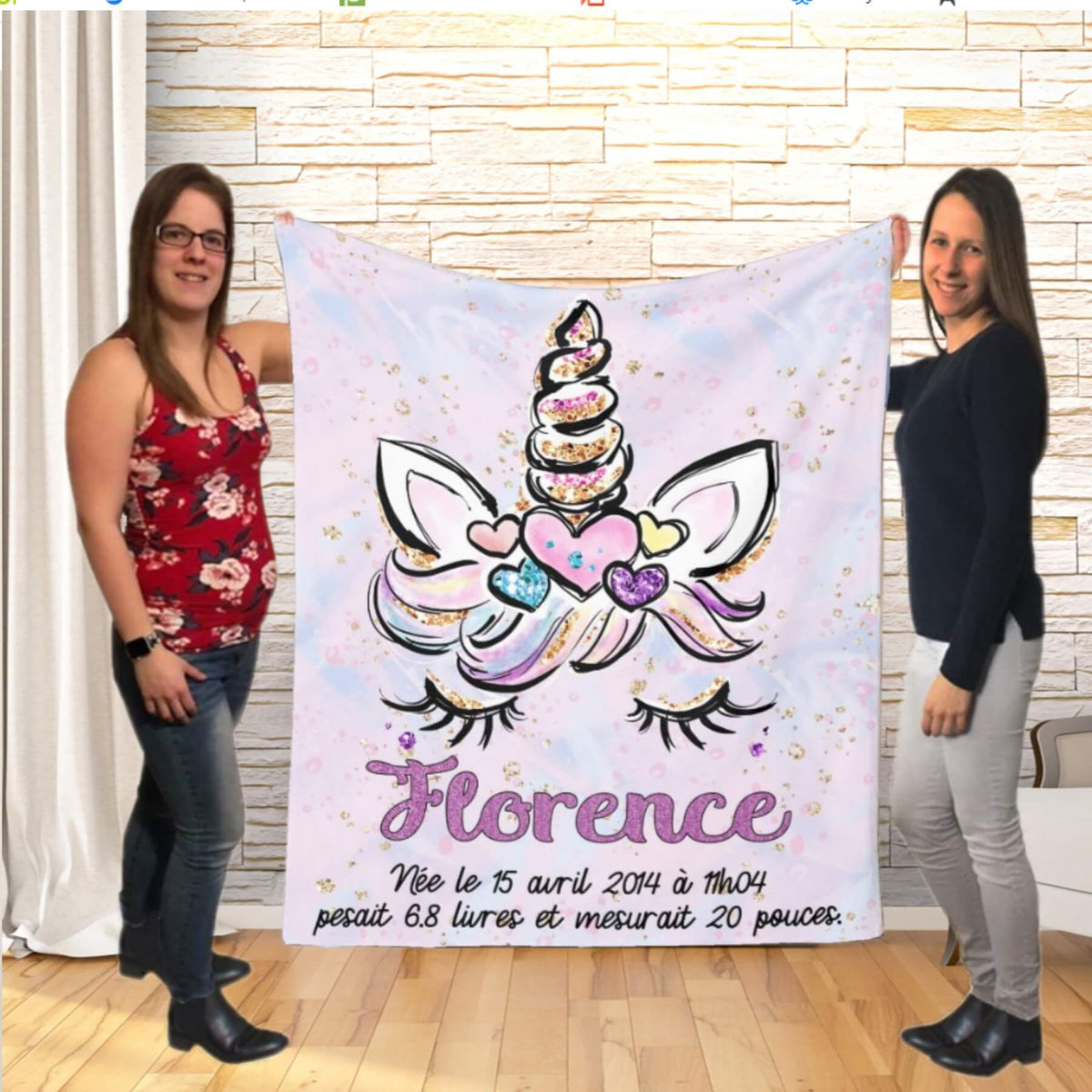 Couverture imprimée - Tête de licorne avec infos de naissance - manoushkacreation