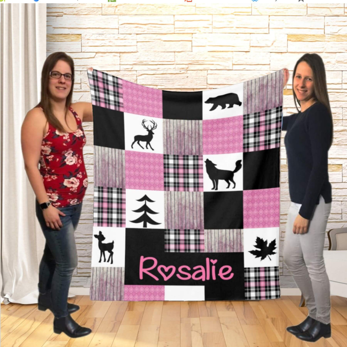 Couverture imprimée - Woodland Patchwork rose et noir - manoushkacreation