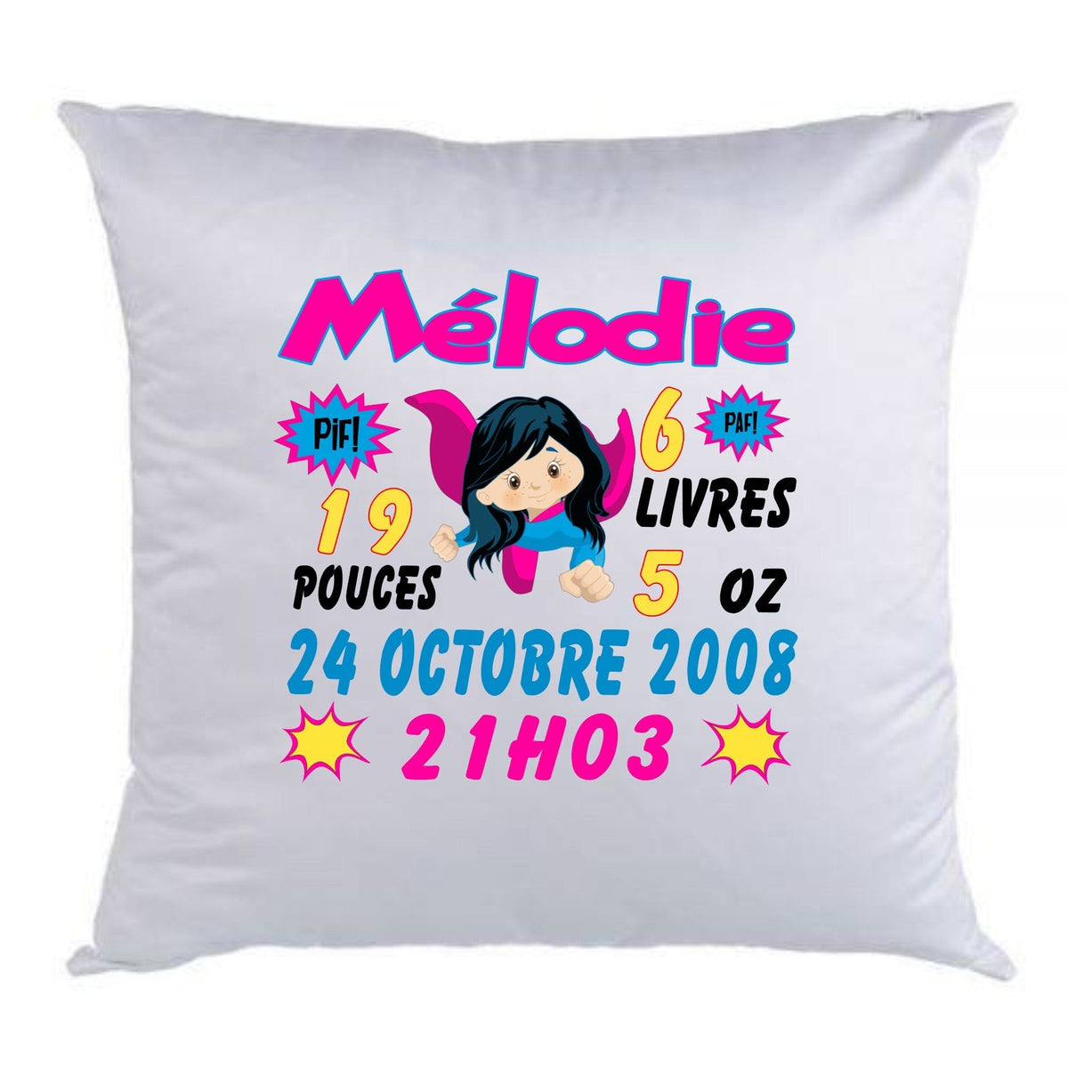 Coussin de naissance super hero fille rose - manoushkacreation