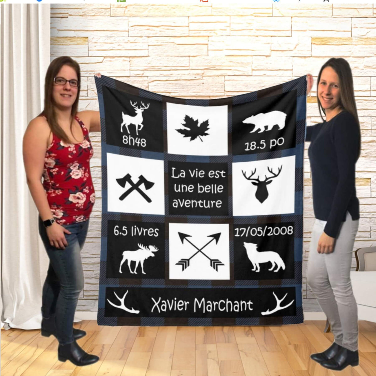 Couverture imprimée - Woodland avec information de naissance (bleu) - manoushkacreation
