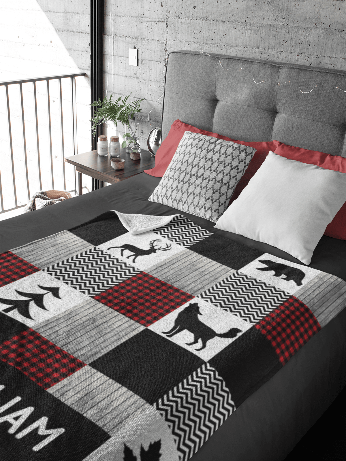 Couverture imprimée - Woodland Patchwork noir et rouge - manoushkacreation